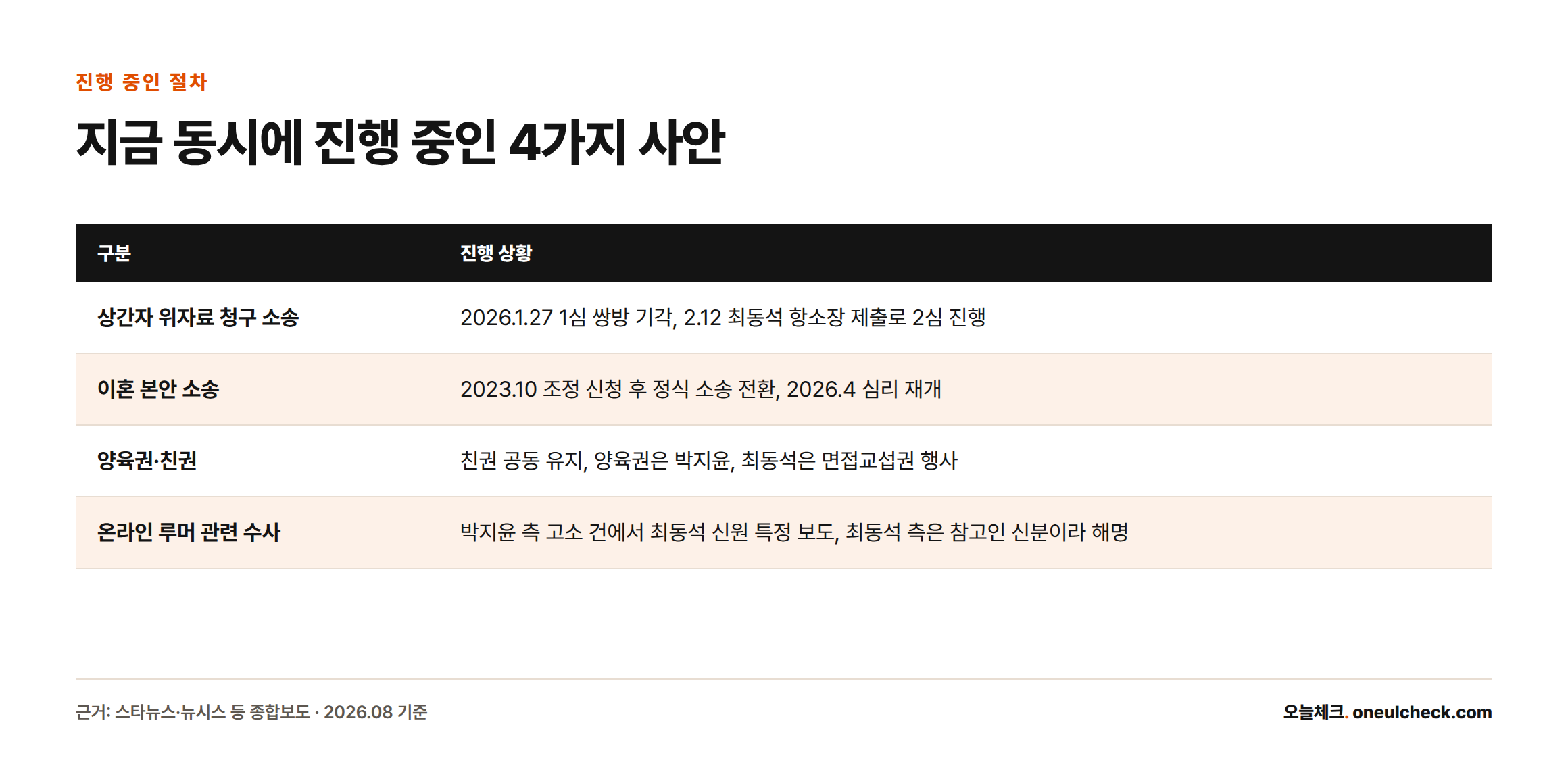 상간 소송 항소, 이혼 본안 소송, 양육권·친권, 온라인 루머 수사까지 네 가지 절차가 별도로 동시에 진행되고 있음을 보여주는 표다.