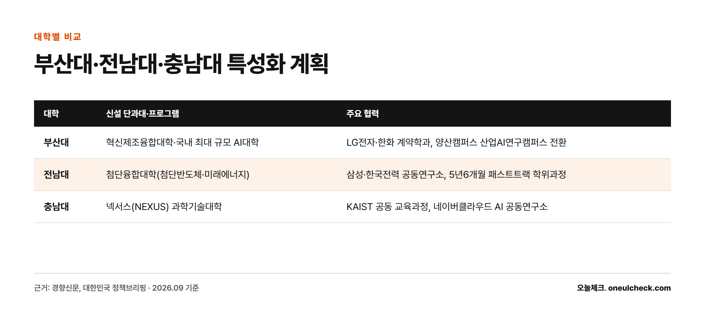 부산대·전남대·충남대 세 대학의 신설 단과대학과 주요 산학협력 파트너를 비교한 표